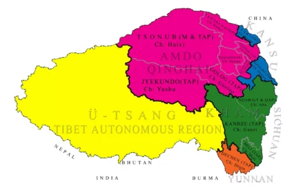 チベット亡命政府によるチベットの地図。中国の青海省(ピンク)、四川省(緑)、雲南省(オレンジ色)に住むチベット少数民族が住む地域が含まれます。© 中央チベット行政 